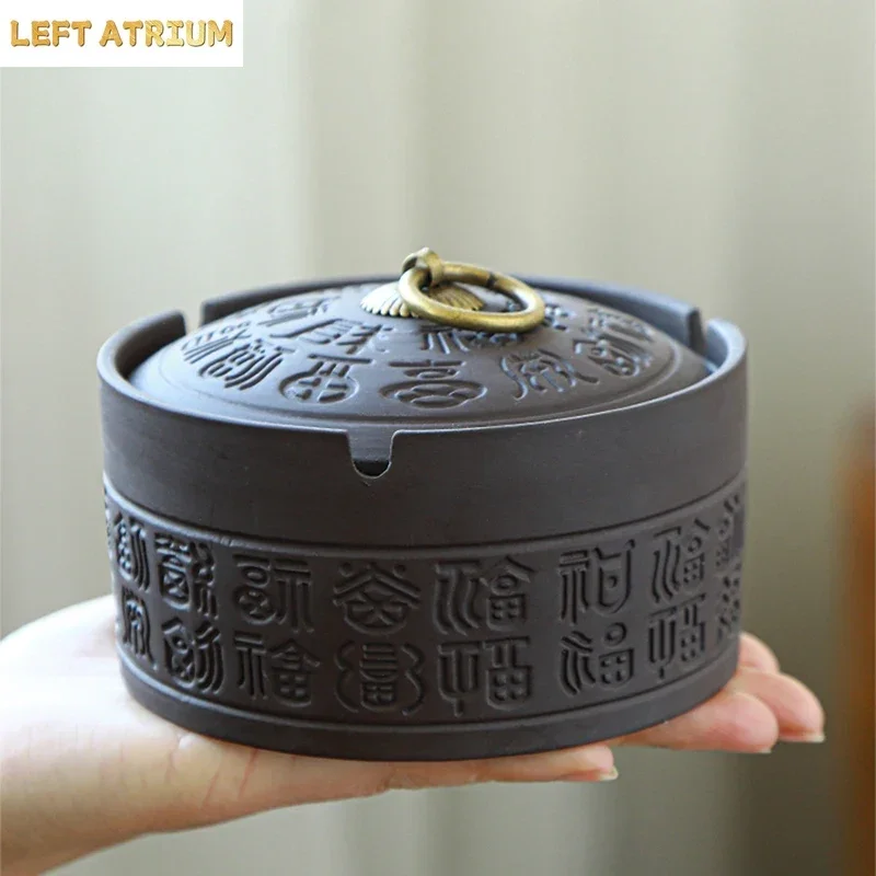 Purple Sand Ashtray Retro Ceramic with Cover Handicraft Blessing Character Decor Home Outdoor Car Ashtray Portable Birthday Gift