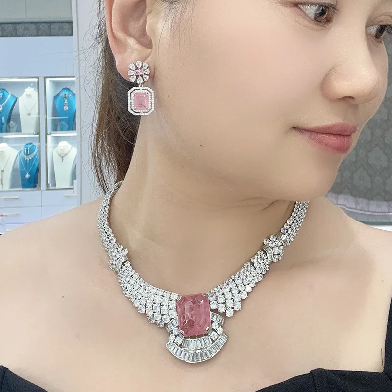 Luxury Emerald Jewelry Set Gold Plated Cubic Zirconia Necklace Earrings Elegant Dinner Party Accessories for Women