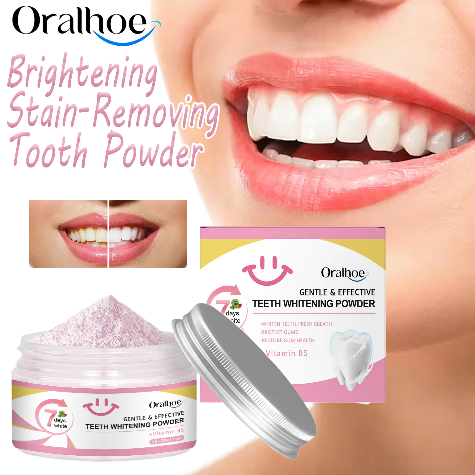 

Розовый зубной порошок VB5, отбеливающий пятновыводитель свежего дыхания, эмалированный ремонт с экстрактом арбуза для ежедневного ухода