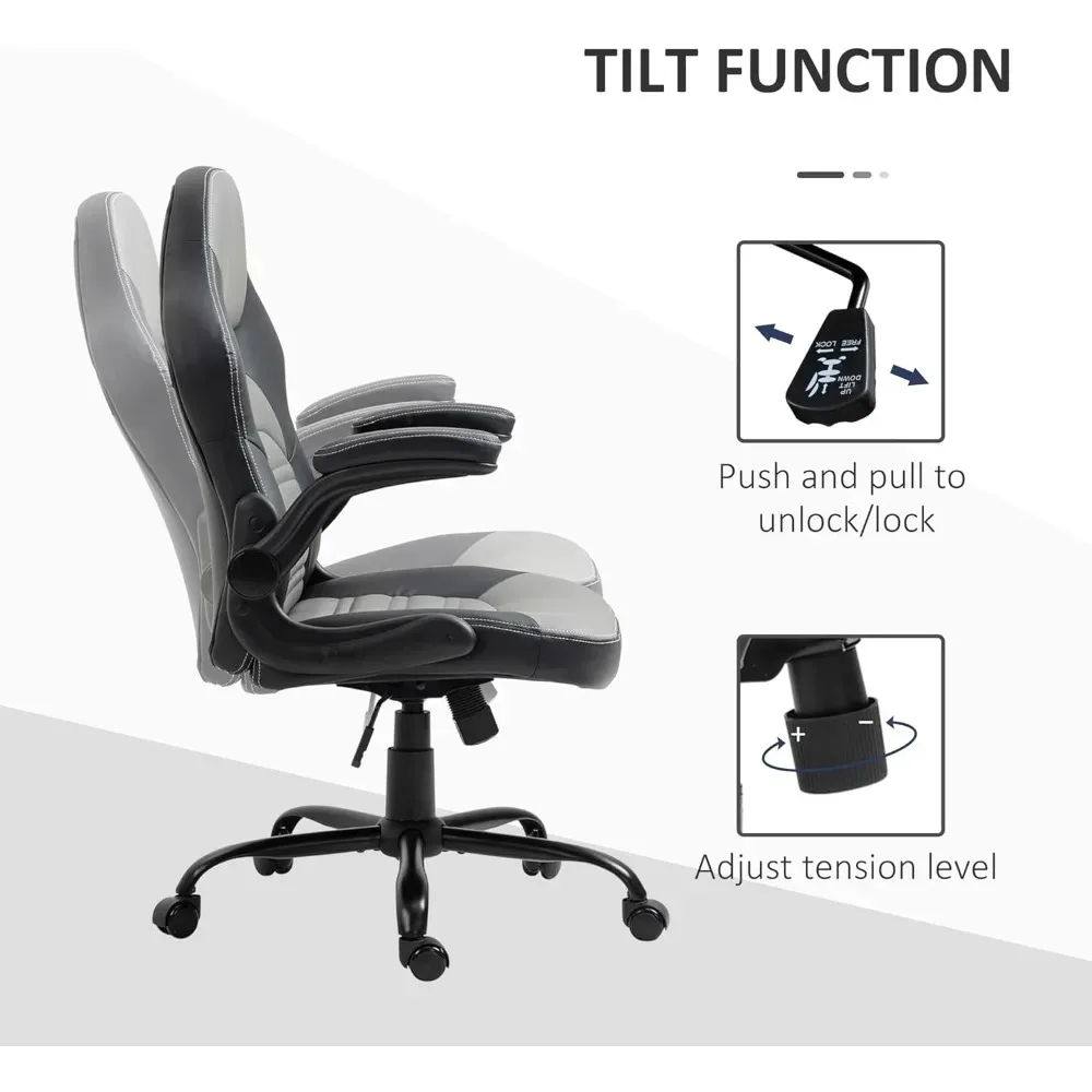 Silla de juegos de cuero PU con reposabrazos abatible hacia arriba, silla de computadora de estilo de carreras, silla de oficina en casa ajustable en altura con giratorio