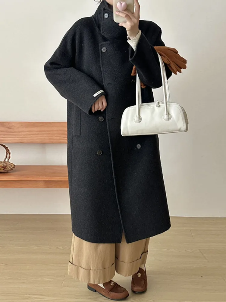 ZMEENNA レディース エレガント ブラウン ウール ブレンド ロング コート スタンドカラー 非対称ボタン 冬 アウター シック マキシ丈 ZM3435