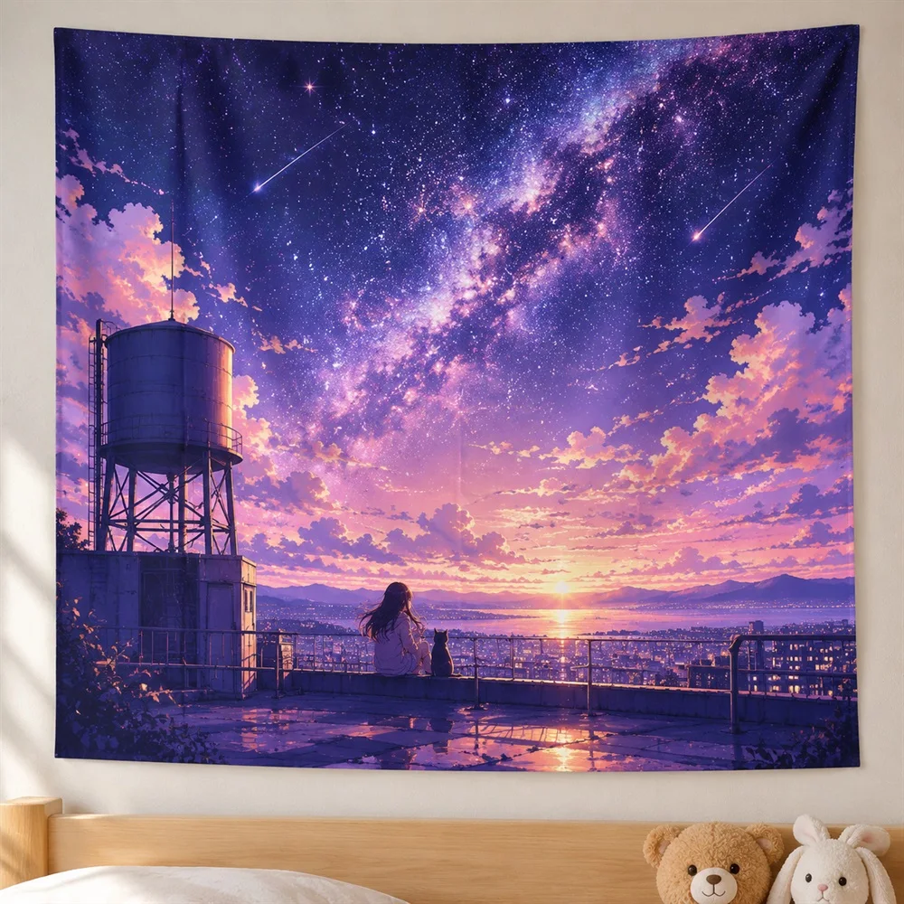 VIKAMA Starry Rooftop Anime Tapestry Wall Hanging, Aesthetic Galaxy Anime Room Decor Tapestries for Bedroom Living Room Study