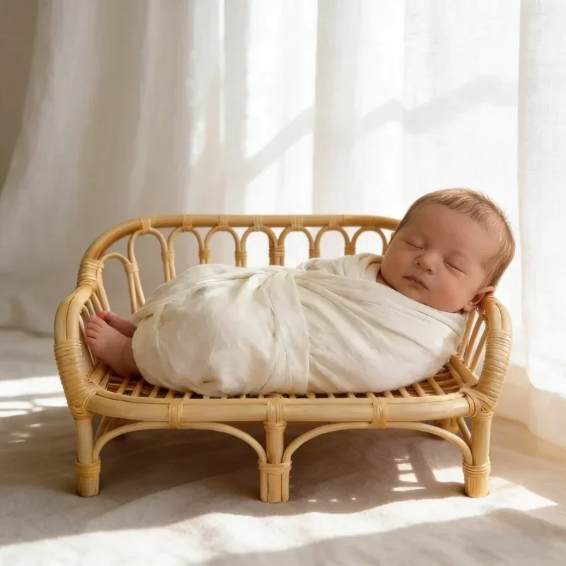 Handwoven Natural Rattan Sofa Bed Posing Prop Studio Shooting Furniture Infant Photo Scene Mini Display Ornament Supplies