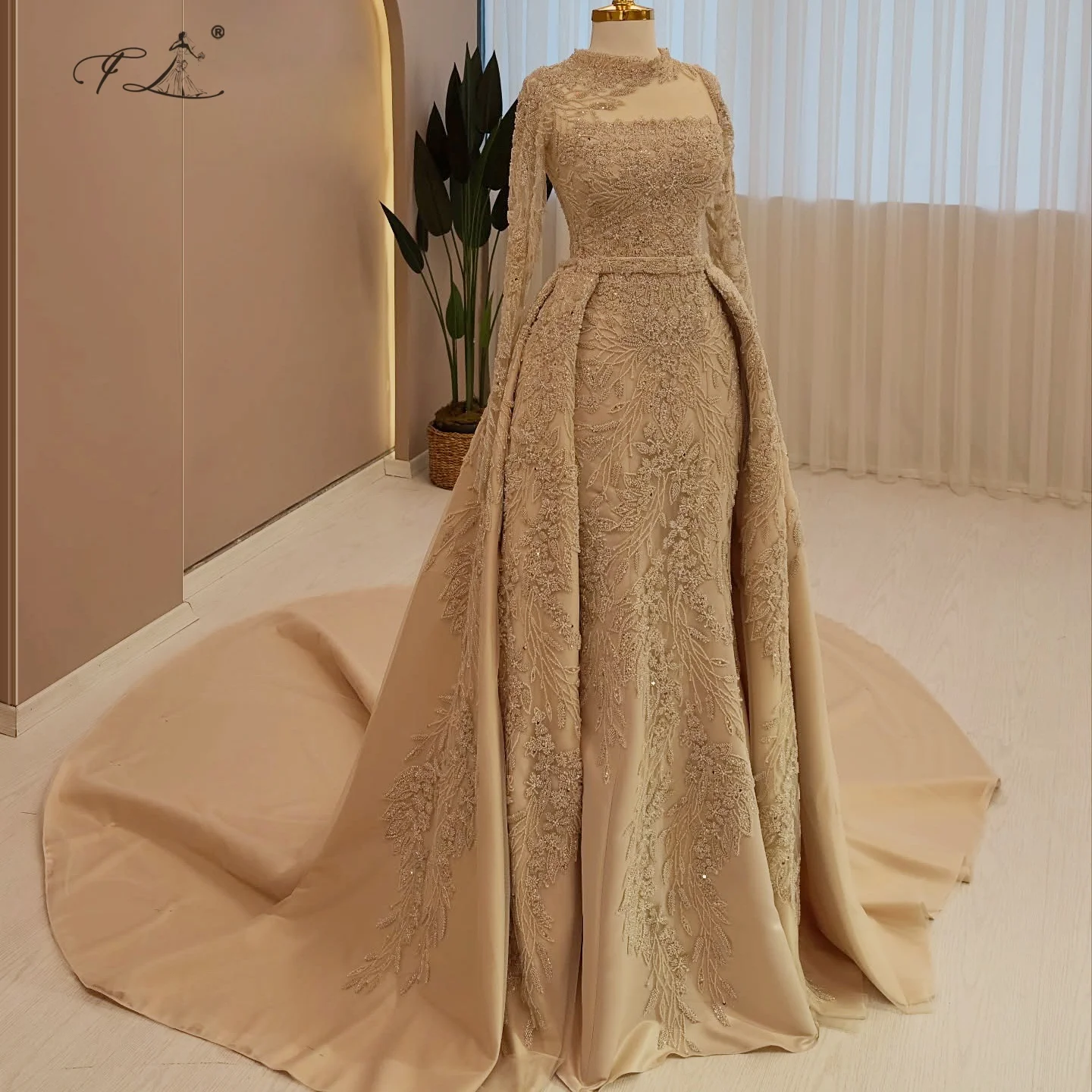 

Gala dresses with detachable train small bead embroidered mermaid dress long sleeves evening dress party dress customizable