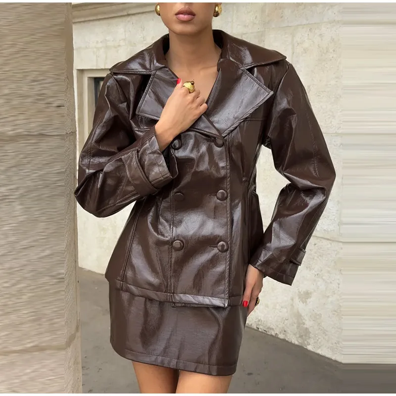 Solid PU Leather Women's Jacket Mini Skirt Set Lapel Neck Full Sleeve Double Breasted Coat Suit 2025 Autumn Stylish Edgy Outfit
