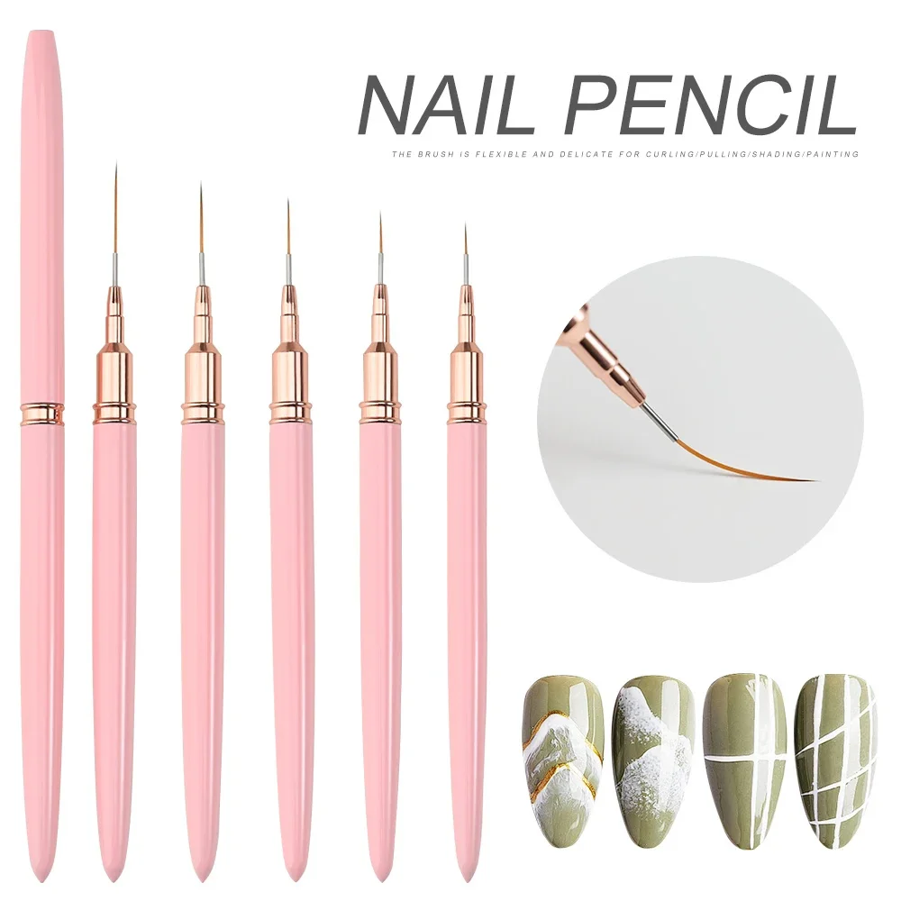 Conjunto de 5 Pincéis para Nail Art: Pincéis Alongados para Traços e Desenhos, Caneta para Pintura em Gel UV, Ferramenta Profissional para Manicure