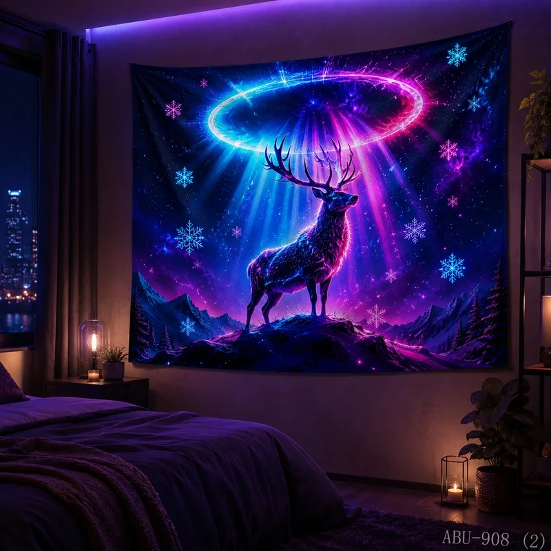 VIKAMA Reindeer Blacklight UV Reactive Glow Tapestry Wall Hanging, Wall Art for Bedroom Dorm Party Game Room Bar Decor