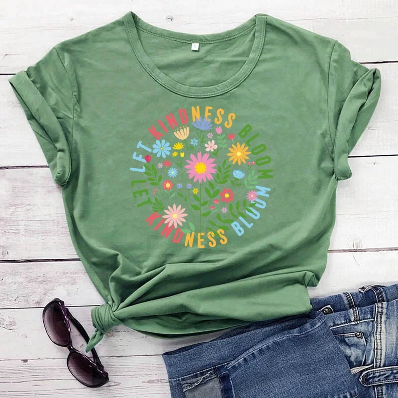 LET KIND NESS BLOOM Women T Shirt Funny Short Sleeve MOM MAMA Top Tees O Neck 100% Cotton Mother Vintage Bohemian Style Shirt