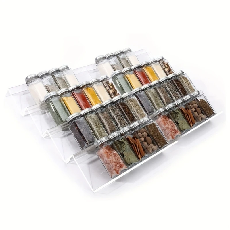 1/2xClear Acrylic Storage Rack Tray Organize Your Kitchen Spice Drawer Organiser Plastic Seasoning Jar Storage Rack Tray KXRE