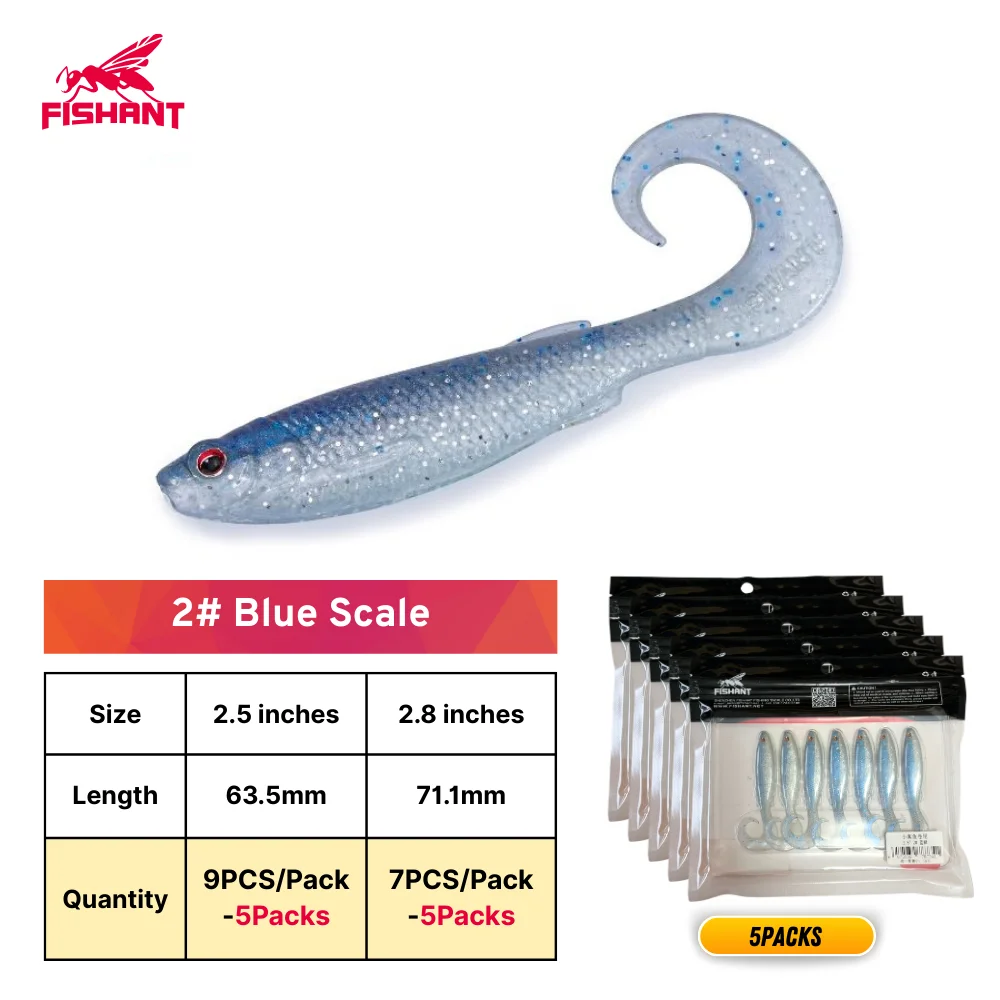 FISHANT Kleine echte vis met gekrulde staart, zacht kunstaas - Zinkend 2,5"(9PCS)/2,8"(7PCS) 3/5 pakjes, baarsaas voor Texas/Drop Shot/Ned Rig