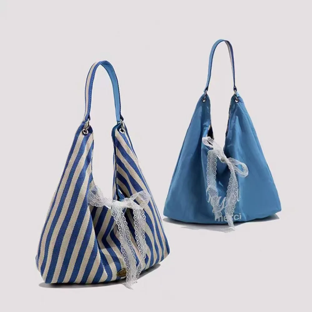 

Simple Lace Bow Striped Shoulder Bag Double-sided Letter Canvas Tote Bag Commute Korean Style Cloth Handbag Shopping