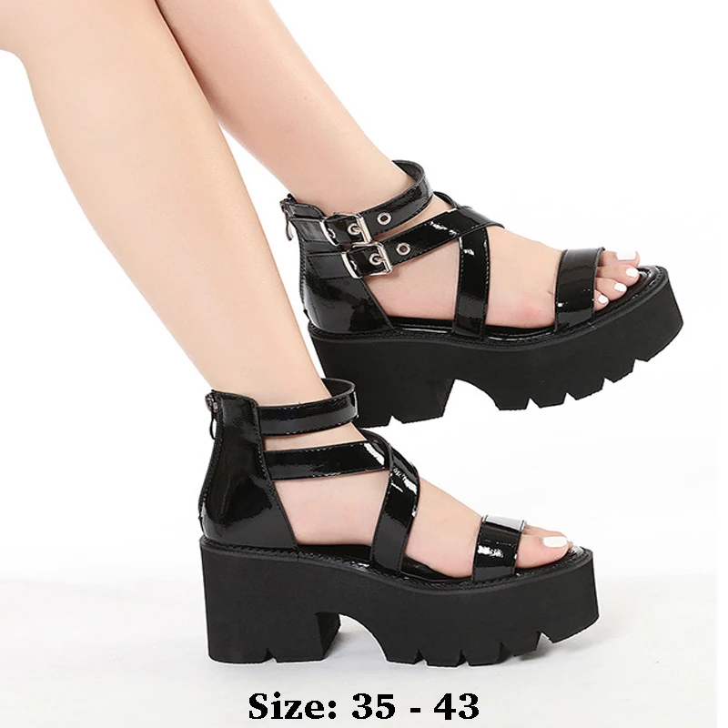 

High quality summer thick soles patent leather sandals for women 8cm high heel 2025 35 43 platform open toe fashion shoe black