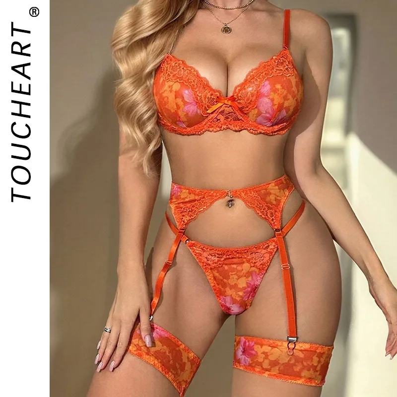 

Toucheart Lmesh сексуальное нижнее белье с цветочным принтом, комплект трусиков с подвязками, 3 шт., женский комплект без косточек с высокой талией и открытым пупком, интересный комплект без косточек