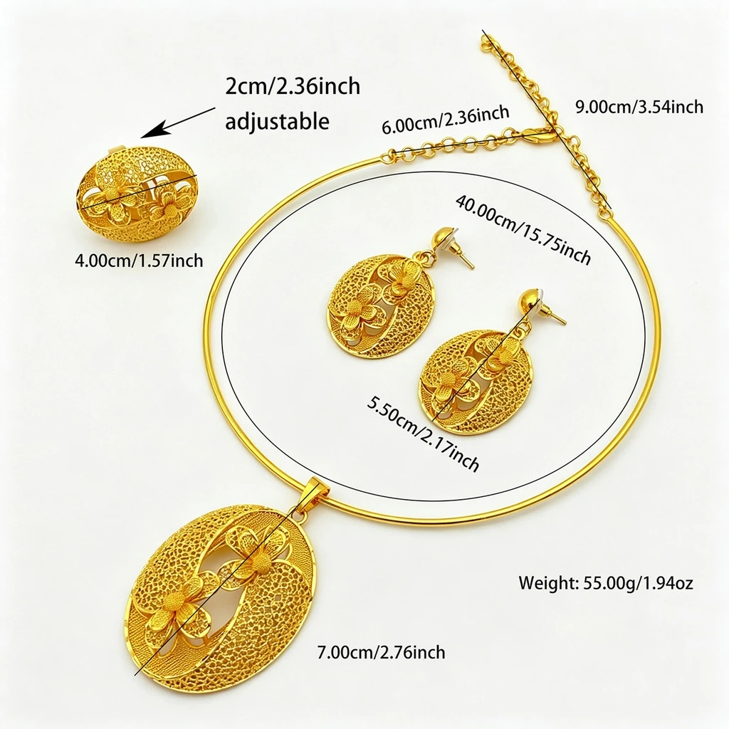 Luxuriöses Äthiopisches 24k Vergoldetes Blumen-Halsketten- und Ohrring-Set für Frauen Indisches Dubai Brautschmuck-Set Hochzeitsgeschenk – Detail 6