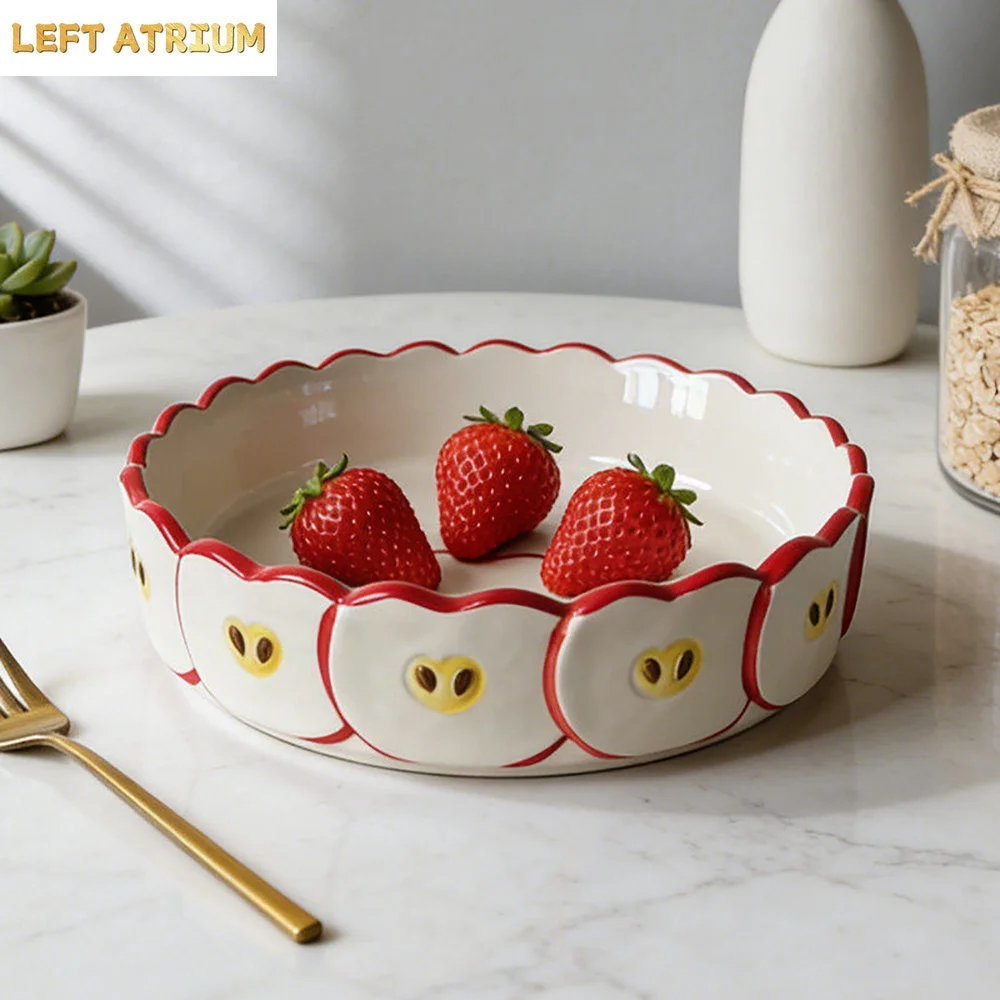 Creative Ceramic Plate Cute Apple Relief Wave Edge Porcelain Tableware Afternoon Tea Dessert Cake Oats Plates Kitchen Supplies