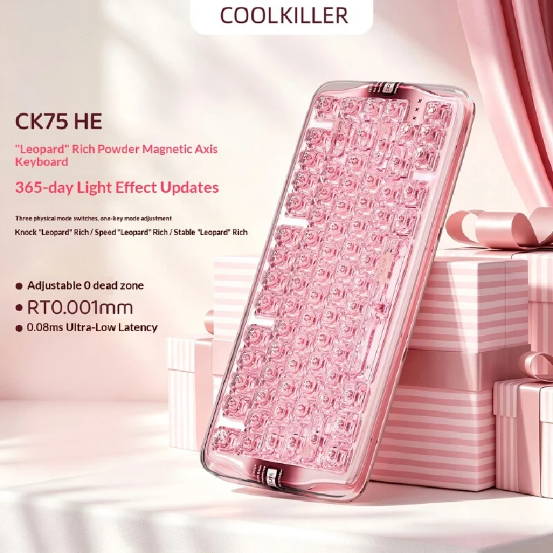 CoolKiller CK75HE Pink Magnetic Keyboard 84 Keys Esports Gaming Tri-Mode Customizable Wired Hot-Swappable Transparent Keycaps