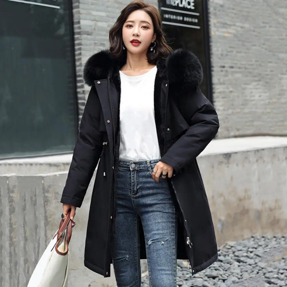 Winter Women Jacket Furry Hood Long Sleeves Pockets Knee Length Plus Size Zipper And Button Closure Thick Plush Lining Cotton Co