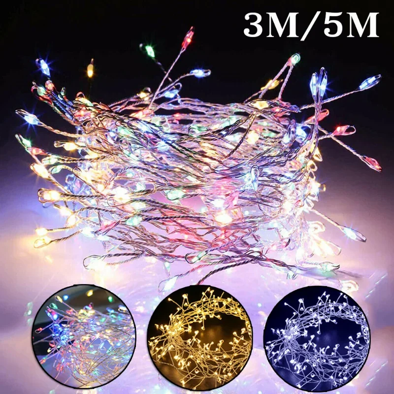 3/5 Meters Copper Wire 100/200 LED String Lights Firecracker Fairy Garland Light for Christmas Window Wedding Party USB Operated