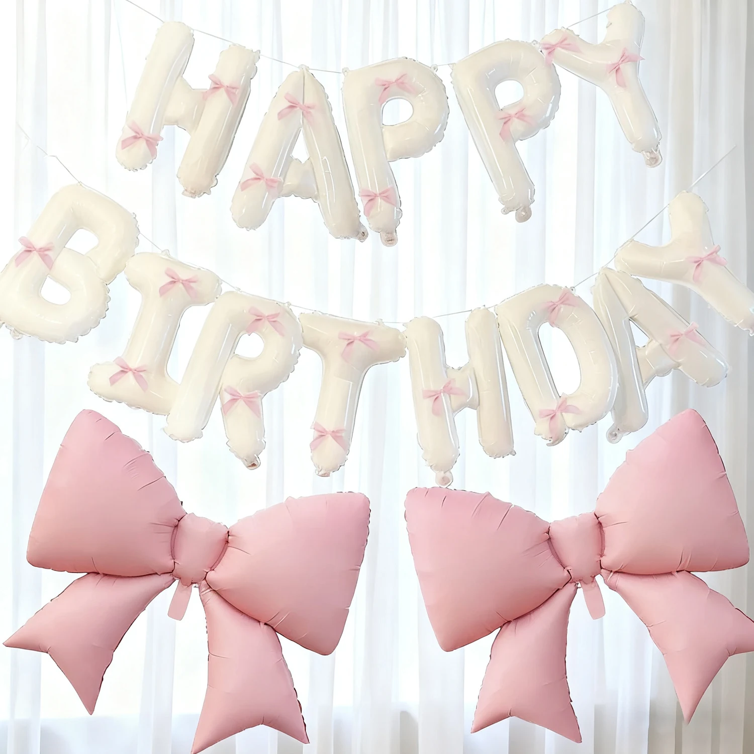 Weißes Happy Birthday Banner, Ballon und Hellrosa Schleifenballon mit Rosa Schleifenband, Geburtstagsparty-Dekoration – Detail 1