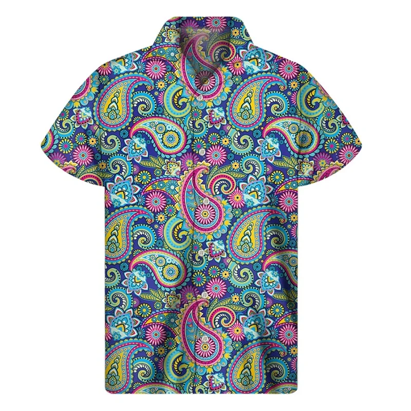 Full Print Paisley Pattern Blouse Shirts For Men Summer Short Sleeve Casual Beach Shirt Mens Oversized Button Up Vintage T Shirt