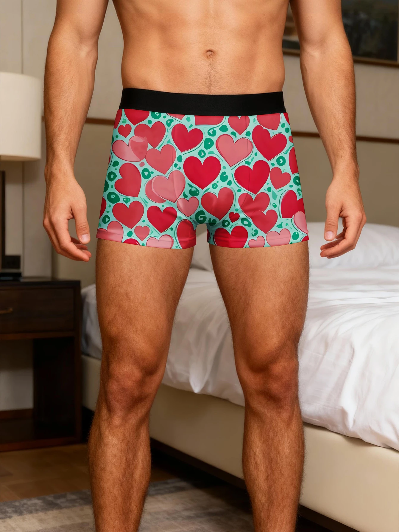 Romantic Men's Boxer Briefs with Teal Color Red Hearts Quick-Dry Breathable Underwear Shorts, Solid Color Boxer Shorts