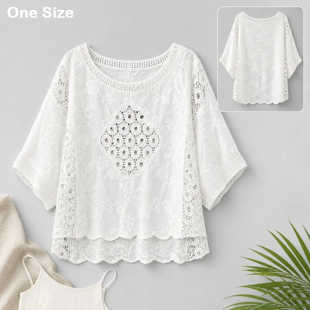 Floral Embroidery Crochet Cover Up White Openwork Knit Knit Cover Up Top Loose Fit Scalloped Hem Pullover Poncho Top view 6