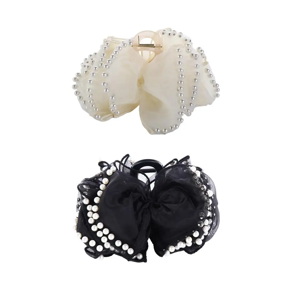 

Sweet Pearl Yarn Bowknot Hair Claw Mesh Multi-Layer Bow Shark Clip Oversize Korean Style Mesh Hair Clip Wedding