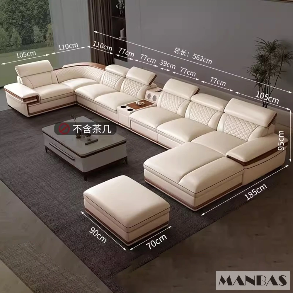 Italian Genuine Leather Sofa Set with Reclining Chaise Lounge, Modern Luxury Living Room Couch with Cup Holders, Beige & Brown