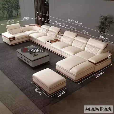 Italian Genuine Leather Sofa Set with Reclining Chaise Lounge, Modern Luxury Living Room Couch with Cup Holders, Beige & Brown