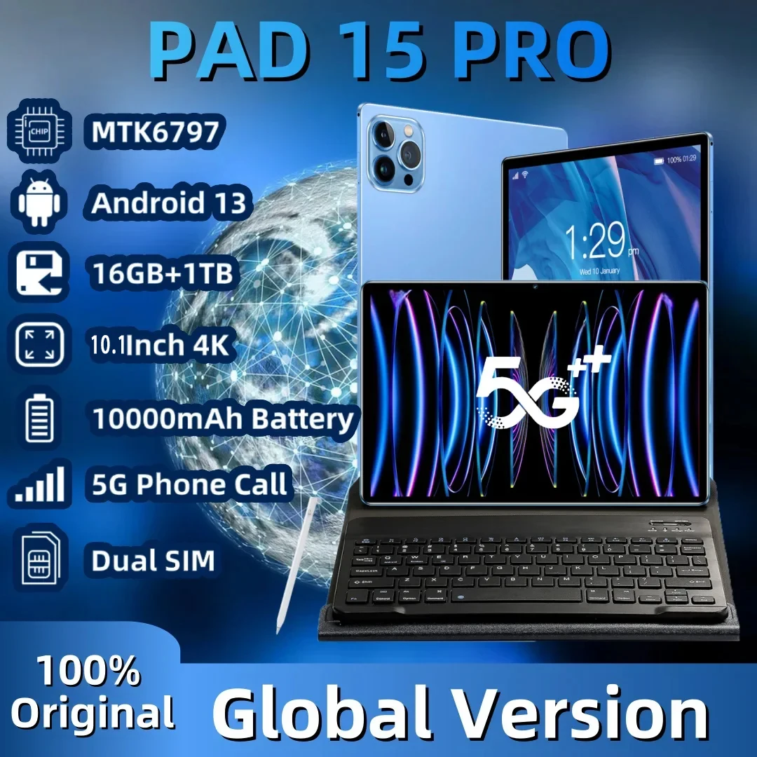 

2024 Global Version Original Pad 15 Pro Tablet Android13 16GB+1TB 10.1Inch 4K Dual SIM 5G Phone Call Bluetooth WiFi Tablet PC