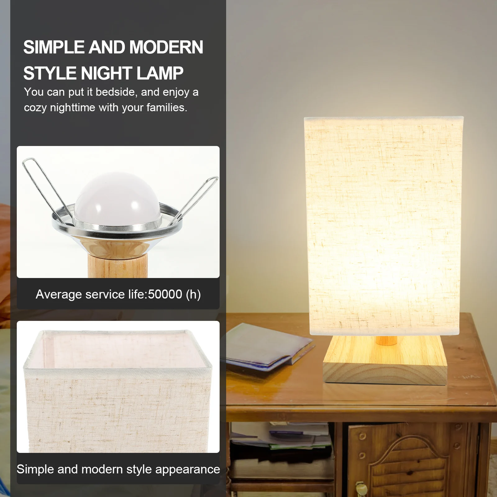 

Nightstand Lamp Cloth Lampshade Wood Base Style Indoor Bedroom Desk Light Decorative Table Lamp for Home Bar