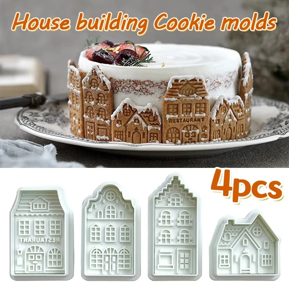 4 Piece 3D Embossed Christmas Gingerbread House Cookie Cutter Spring Press Design Easy De-molding Cookie Mold Plastic Green