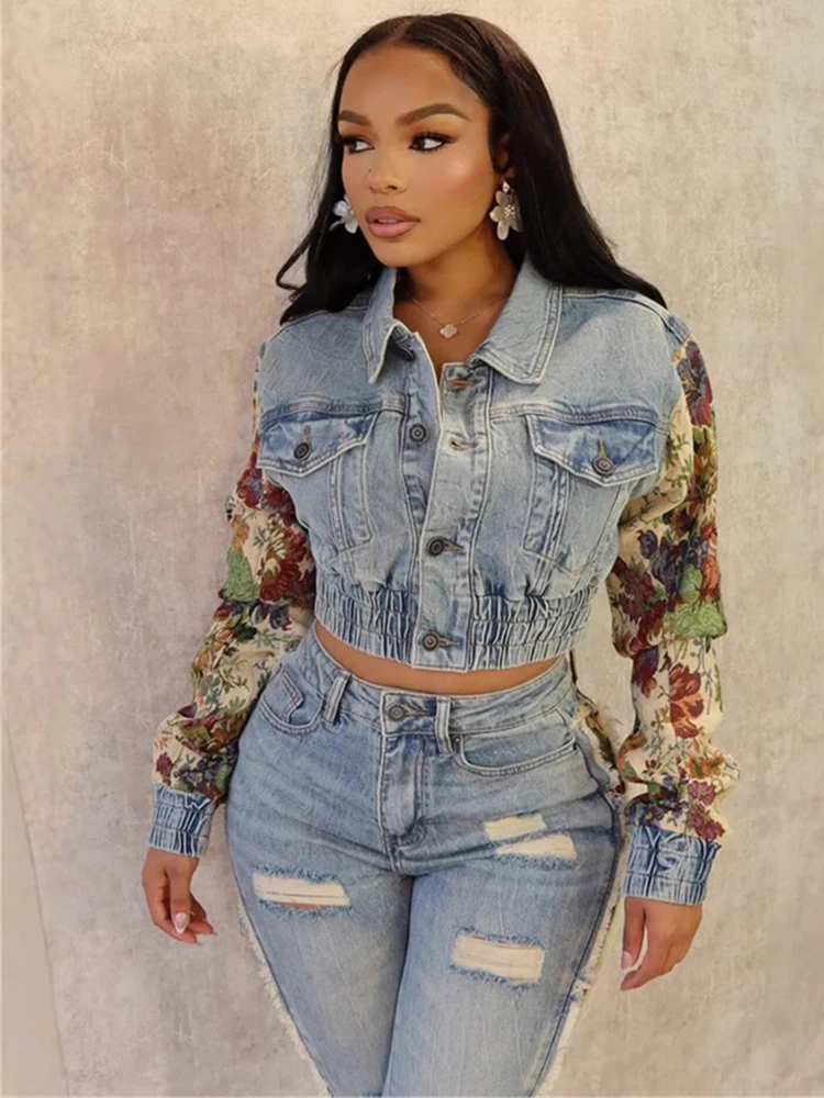 여성용 카모 프린트 데님 2 종 세트, 싱글 브레스트 크롭 재킷, 고민 불규칙 청바지, 스트리트 트렌드 세트