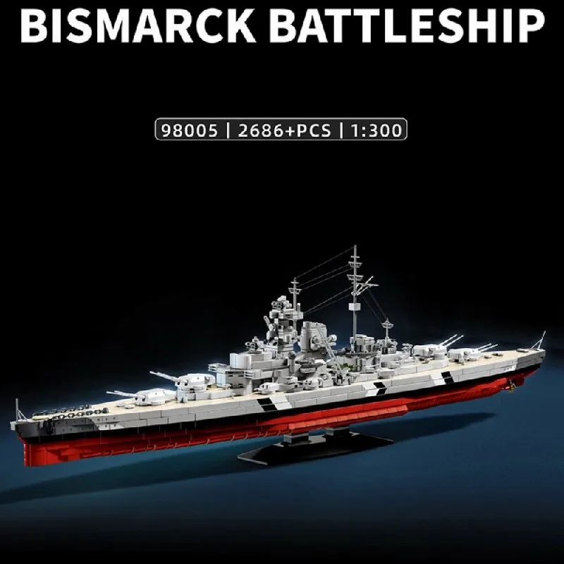 1:300 Bismarck Classe Corazzata Building Blocks WW2 Nave da guerra militare Assemblaggio Modello in mattoni Kit Ragazzi Giocattoli Adulti Bambini Regalo 2686PCS