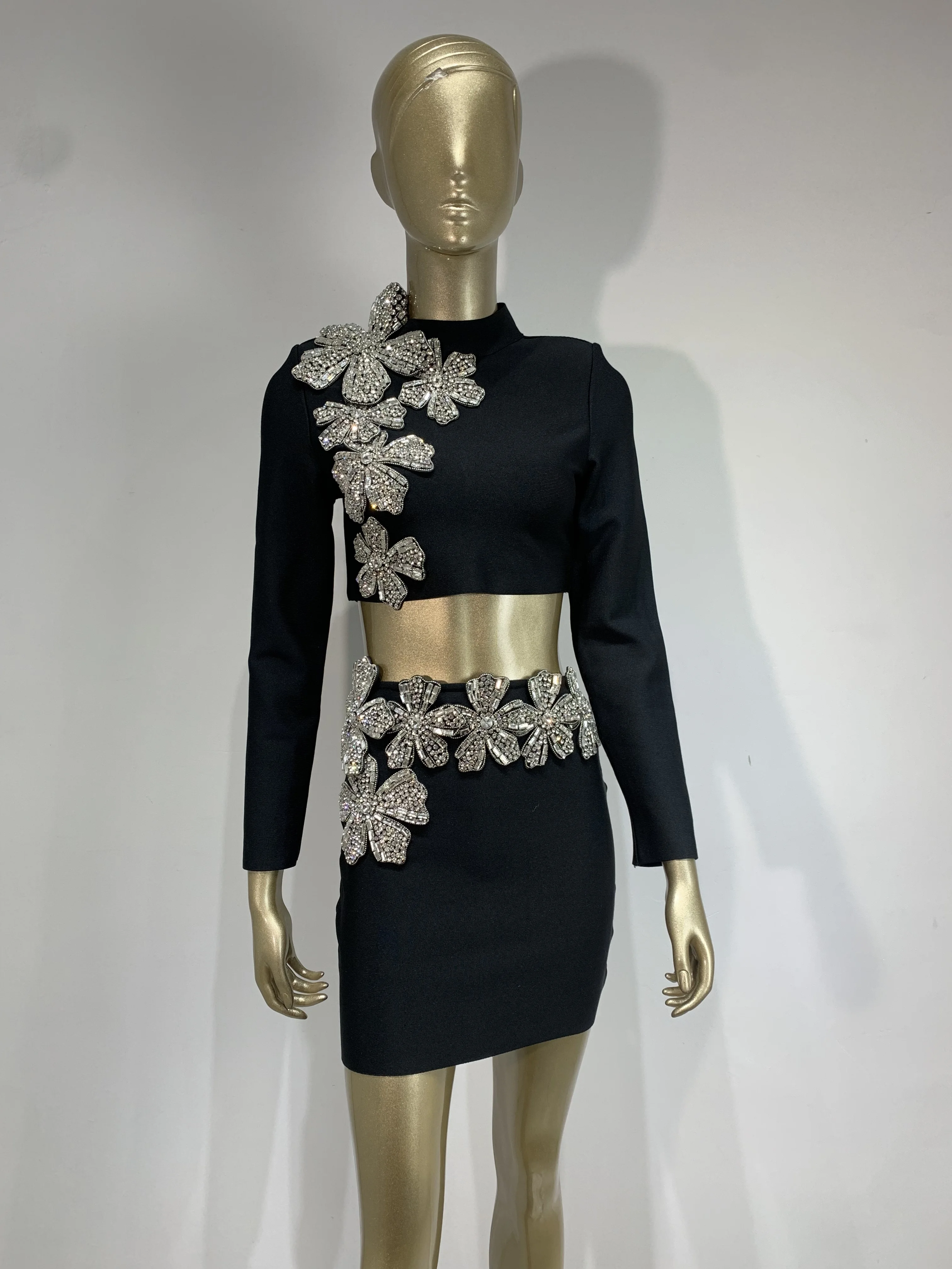 2025 Spring Party Outfits Women Black Long Sleeve Diamonds Flowers Crop Top And Mini Skirts Two Pieces Sets Evening Club Cloth