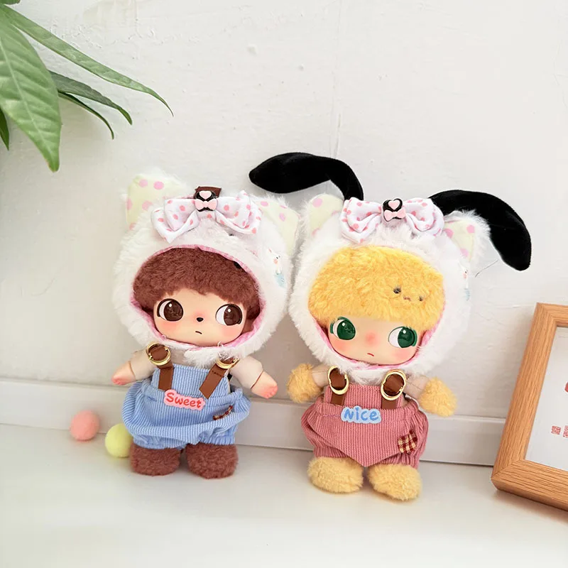 

Cute 2-Piece Set For DIMOO And 15/17cm Labubu Cat Hat With Plaid Leather Suspender Pants