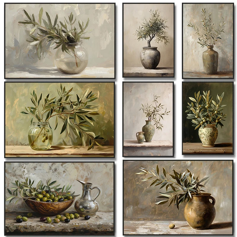 Antyczny Wazon Włochy Drzewo Oliwny Zielone Liście Botaniczna Martwa Natura Obraz Olejny Na Płótnie Plakat Wall Art Pictures Home Decor