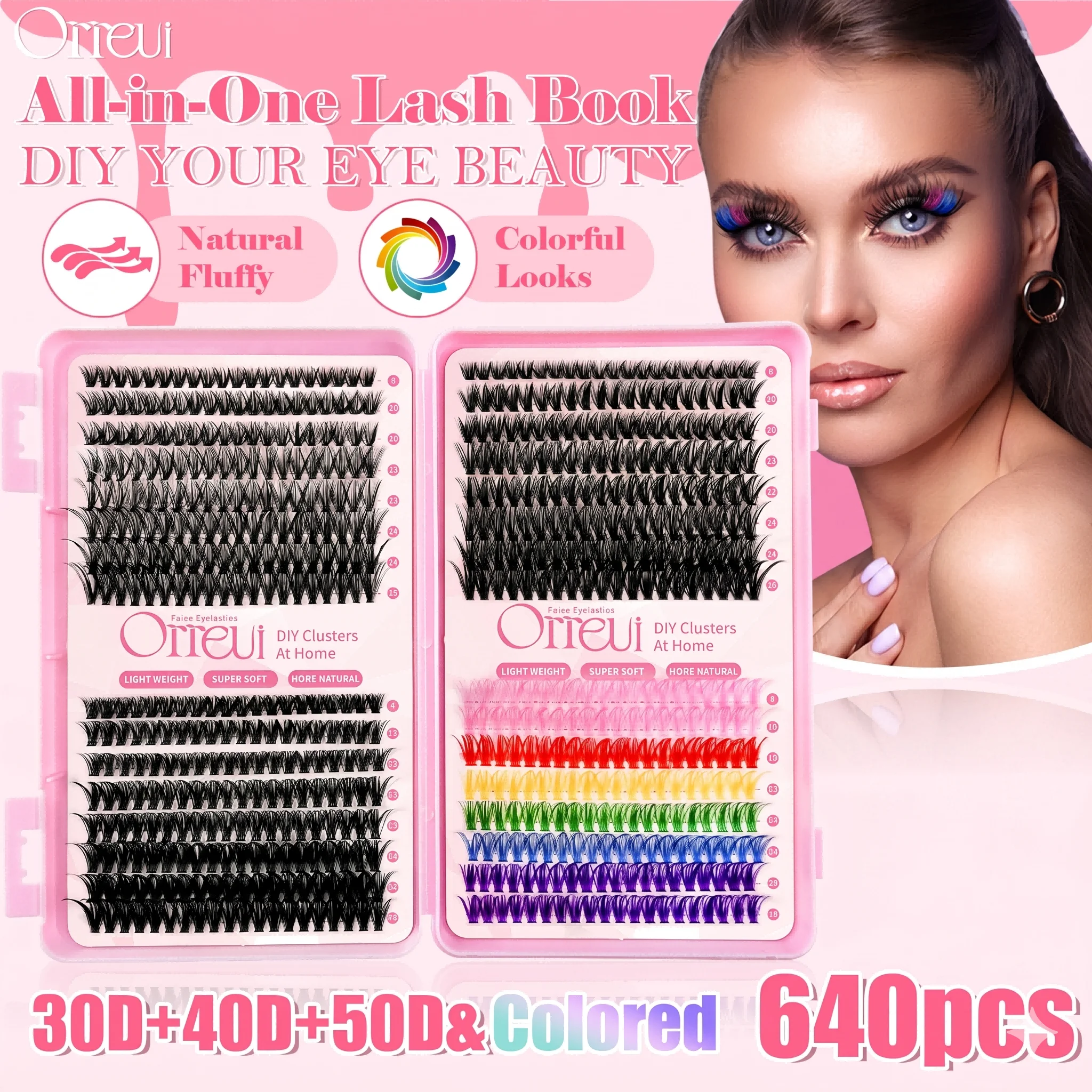 Orreu 640pcs Lash Clusters Kit 60D 40D 50D Natural & Colored D Curl 8-16mm DIY Individual Eyelash Extensions All-in-One Lash Boo