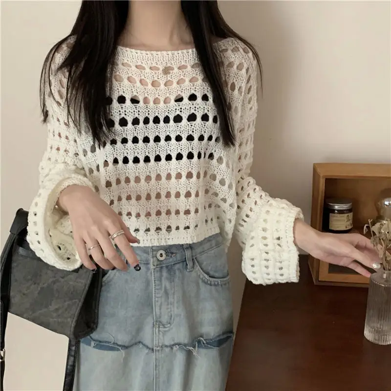 Spring Summer Round Neck Long Sleeve Skeleton Knit Sweater Women Thin Stacked Sunscreen Coverall Loose Short Tops Outerwear