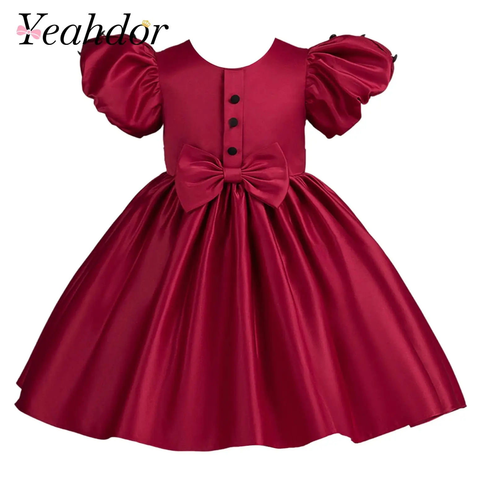 

Baby Princess Dress Short Puff Sleeves Tutu Bowknot Satin Dress Kids Girls Birthday Party Dress Formal Wedding Flower Girl Gown