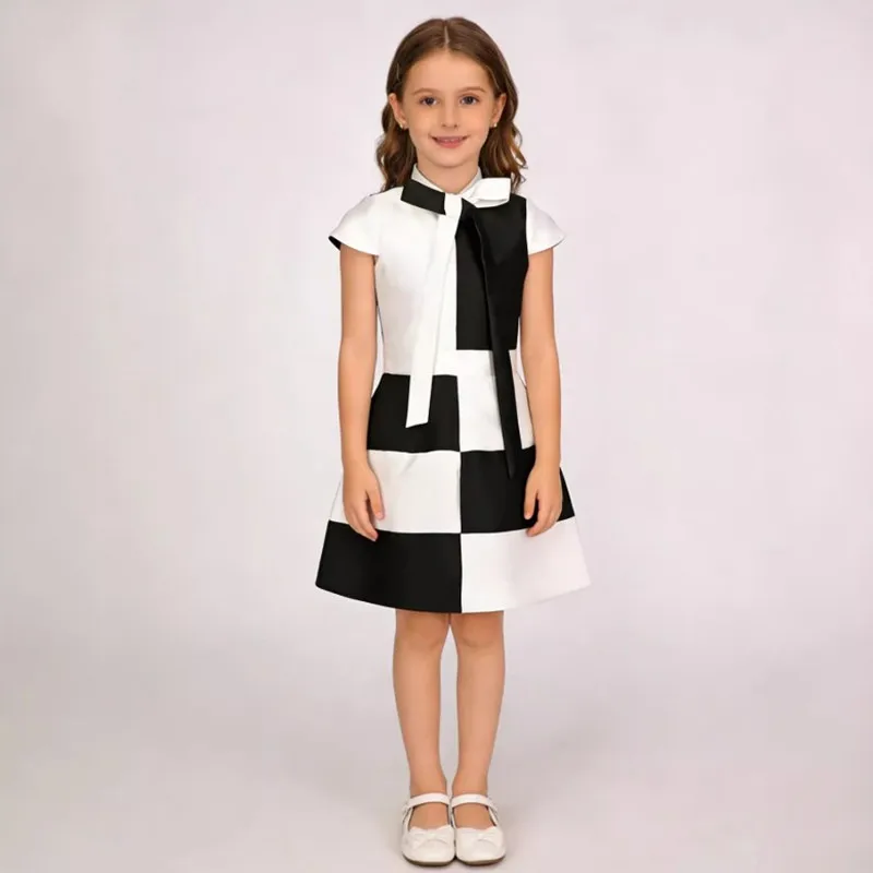 Girls' Fashionable Black And White Contrasting Design Dress, Baby Bow Elegant Girls Dresses A4976 Kids Formal Wear