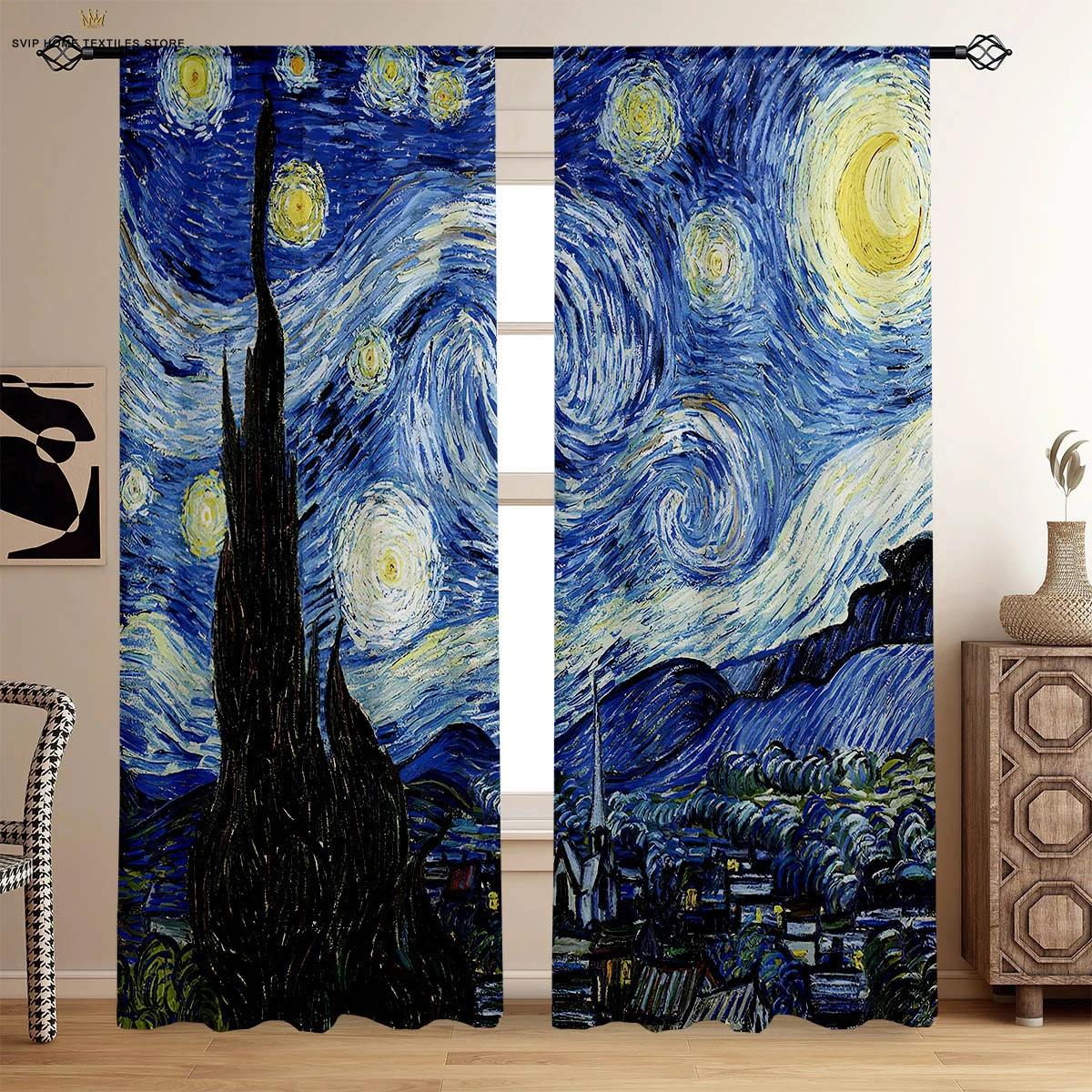 Sunset Starry Sky Landscape Oil Painting Printed Curtains Bedroom Living Room Study Dormitory Decorative Curtains 2 Pieces