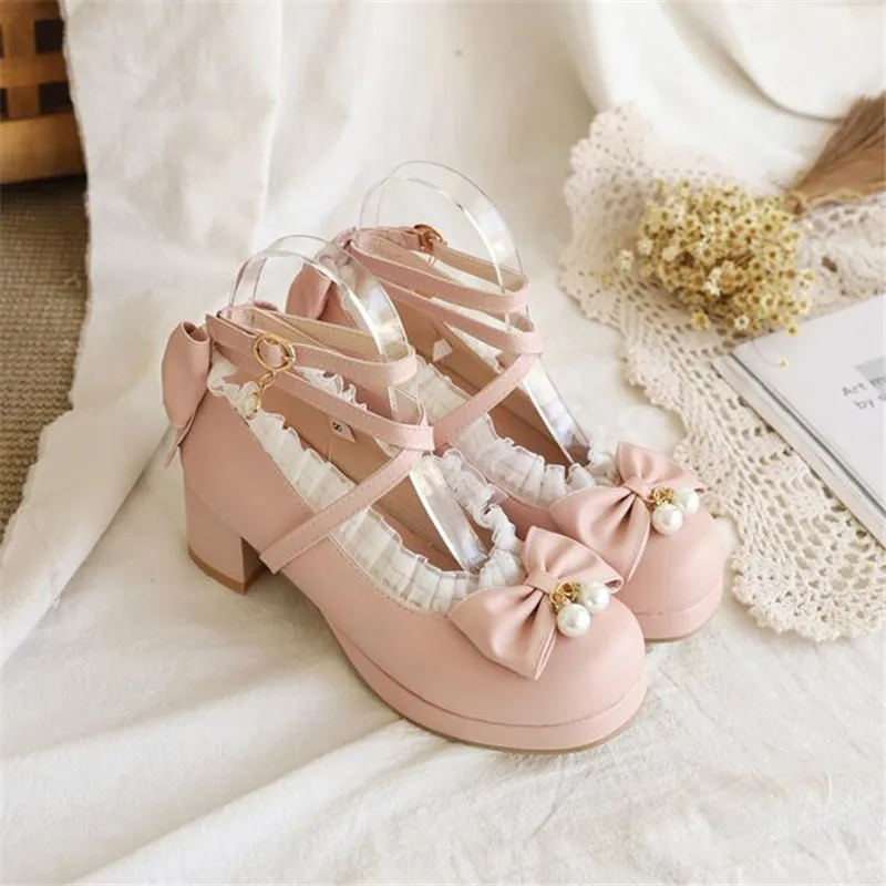 

New Sweet Heart Buckle Wedges Girl Mary Janes Pink Bow Cross Strap Chunky Platform Lolita Big Kid Punk Gothic Cosplay Girls Shoe