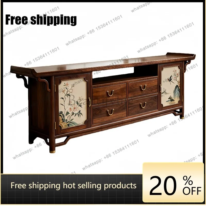 YJ new Chinese solid wood porch cabinet painted flower and bird pattern opposite door drawer locker black walnut