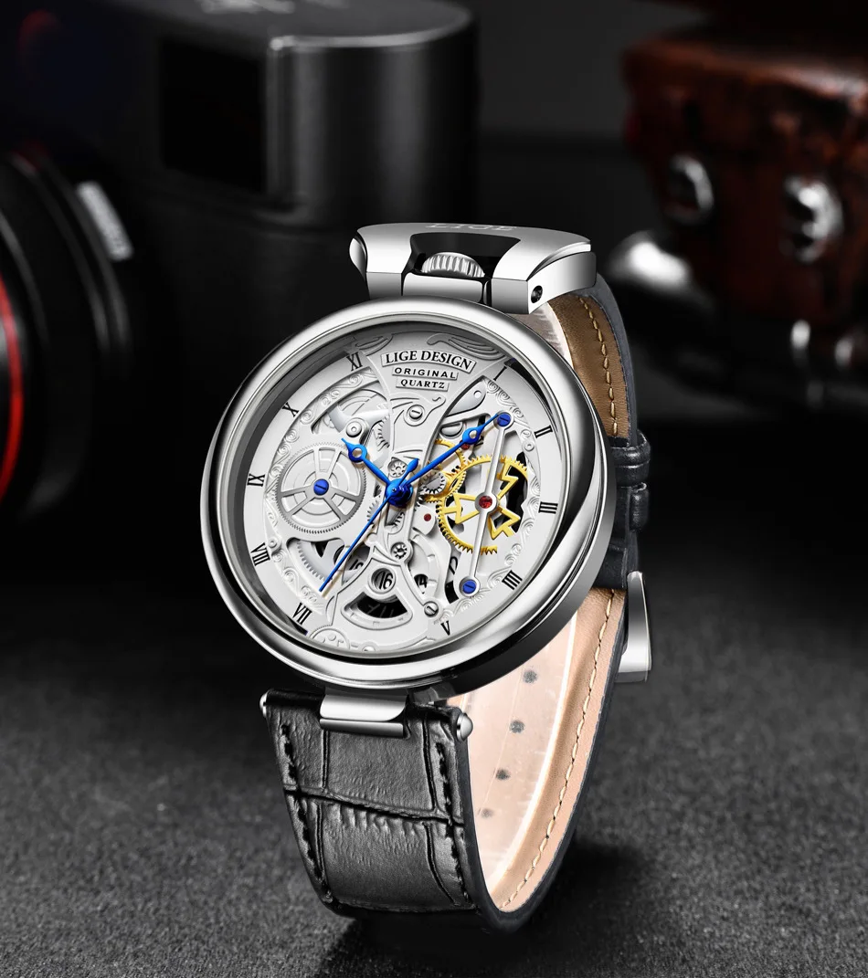 Jam Tangan Pria Baru Jam Tangan Bisnis Kelas Atas Desain Kreatif Berongga Jam Tangan Kuarsa Modis Pria Tali Kulit Tahan Air Trendi