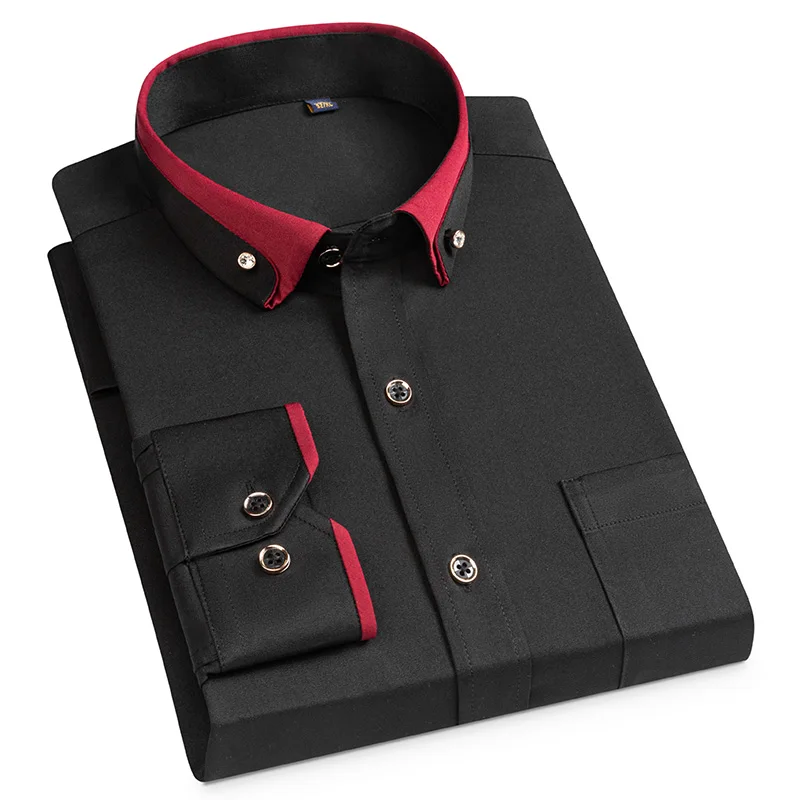 Men's Diamond Buttons & Contrast Collar Dress Shirt with Chest Pocket Long Sleeve Stretch Smooth Wrinkle-Free Easy Care Shirts