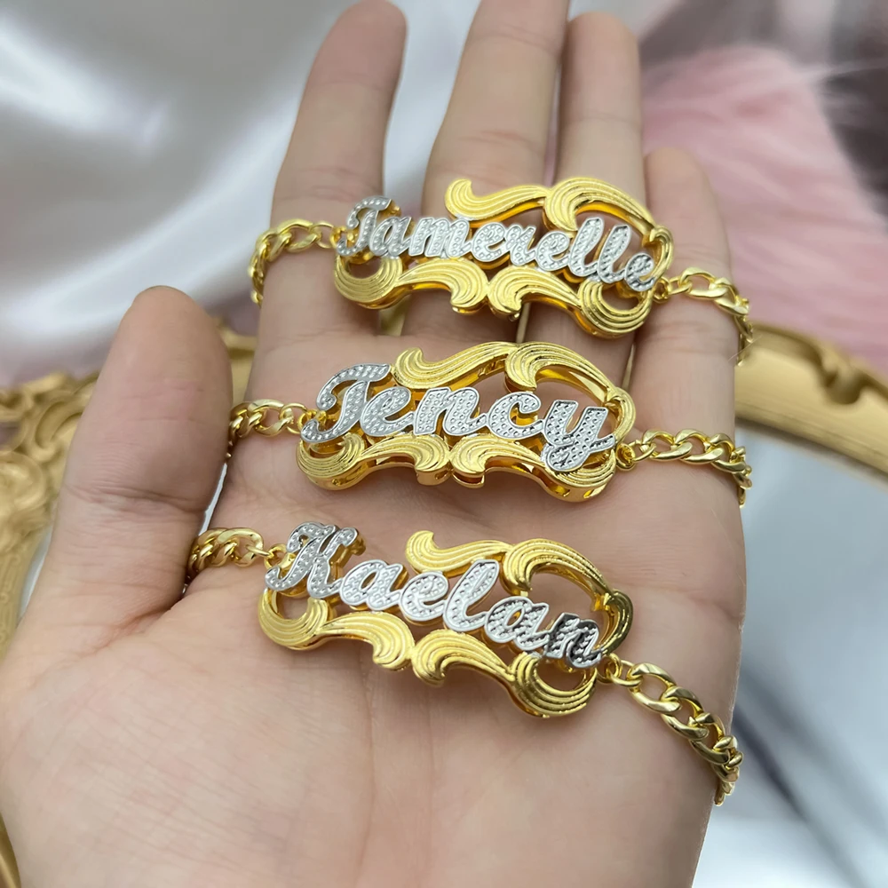 Double Plate Name Bracelets Two Toned Name Bracelet Stainless Steel Cuban Chain Name Bracelet for Women Gifts