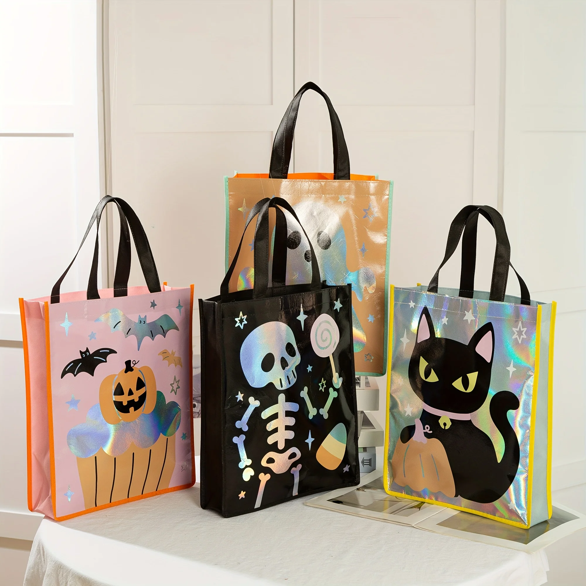 Holographic Halloween Tote Bag Reusable Shopping Gift Bag Black Cat Ghost Pumpkin Party Favor