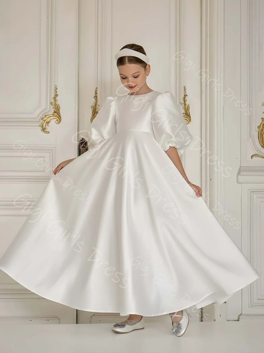 Vestido de satén personalizado con flores para niña, vestido de primera comunión con mangas de globo y cintura alta, vestido de fiesta de boda personalizado para niño