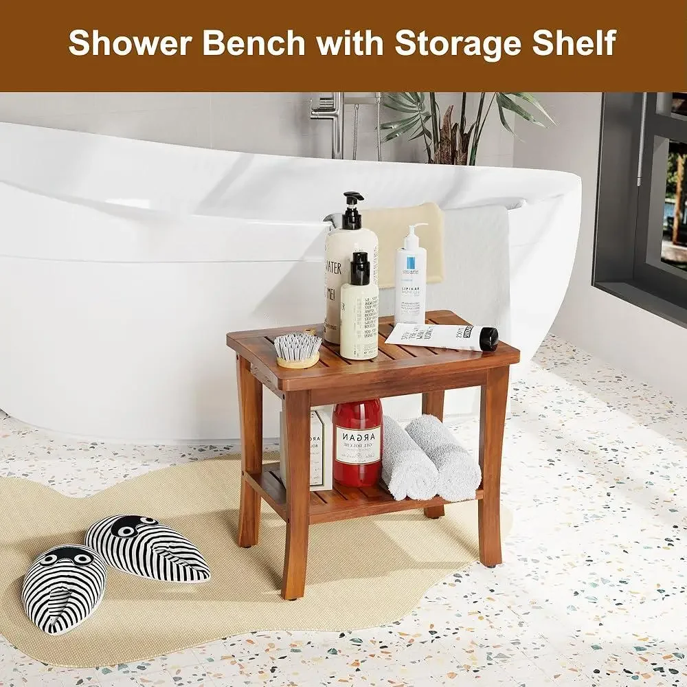 Wooden Teak Shower Bench with Storage Shelf Waterproof Non-Slip Feet Curved Design Easy Assembly Bathroom Stool Elderly Safety